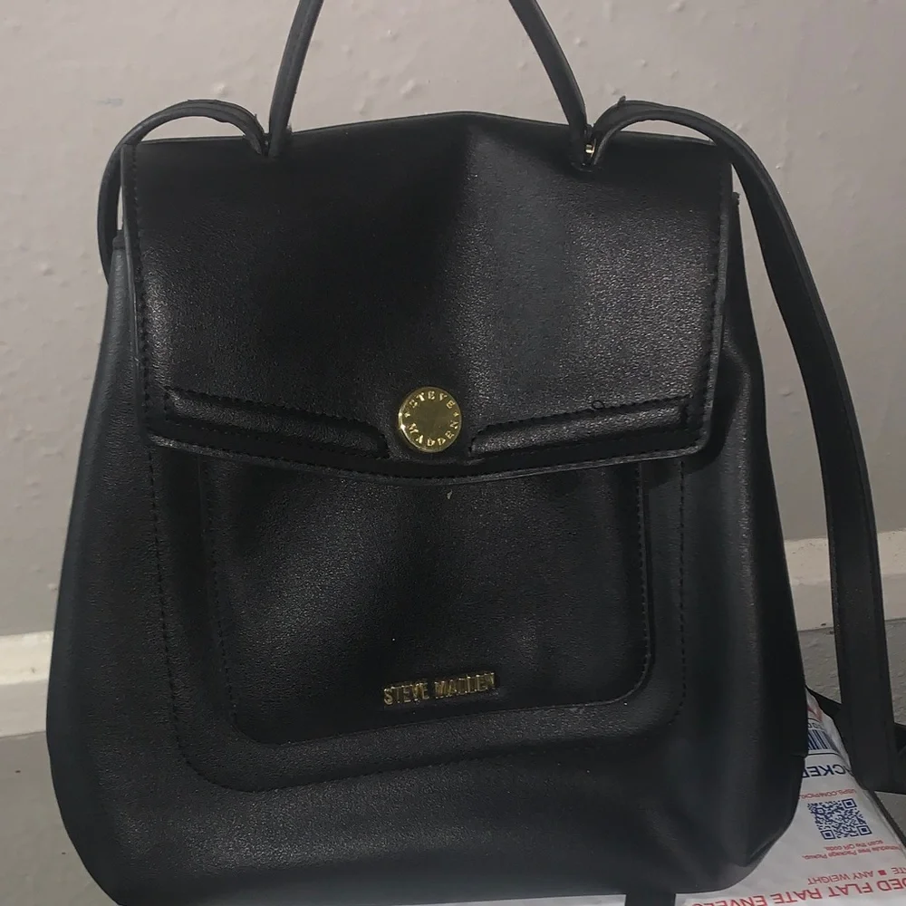Steve Madden Black Faux Leather Mini Backpack with Gold Accents